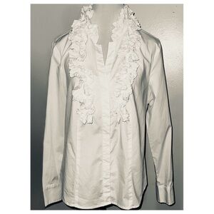 White AK Anne Klein Stretch Ruffle Detail Long Sleeve Button Up Blouse, Sz Lg